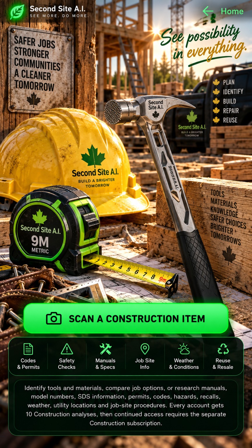 Second Site A.I. construction artwork with a yellow hard hat, green 9M metric tape measure and silver hammer on a timber jobsite.